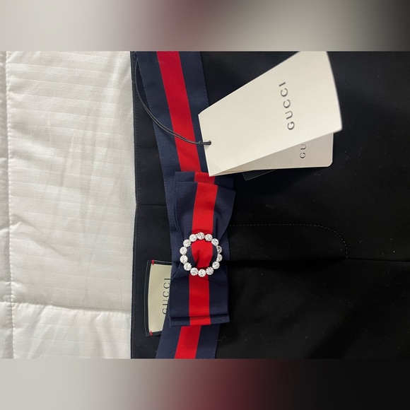 Gucci Black Straight Fit Trouser Pants Red/Blue Crystal Bow Waistband - Picture 6 of 9
